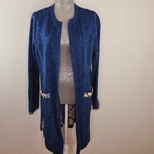 Chico's Artsy Long line Duster Sweater Cardigan Heathered Blue